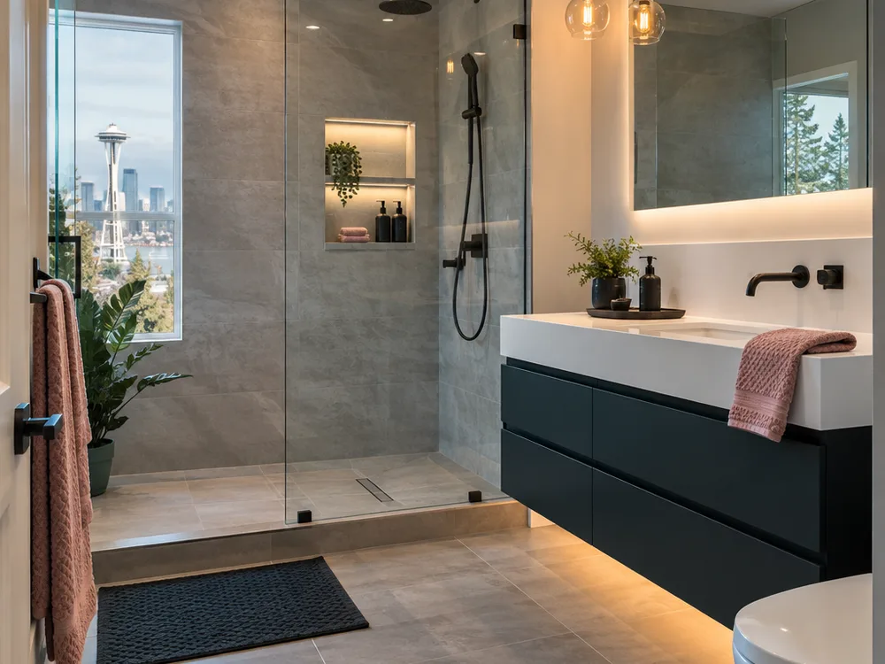 Finished Seattle bathroom remodel with a walk-in shower, frameless glass and a floating vanity