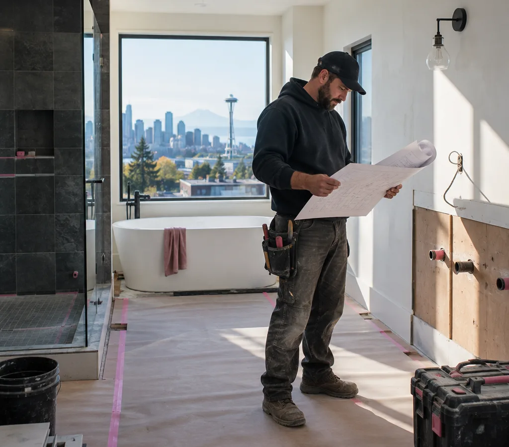Bright residential bathroom mid-remodel with protected flooring, exposed vanity plumbing, and a contractor reviewing plans