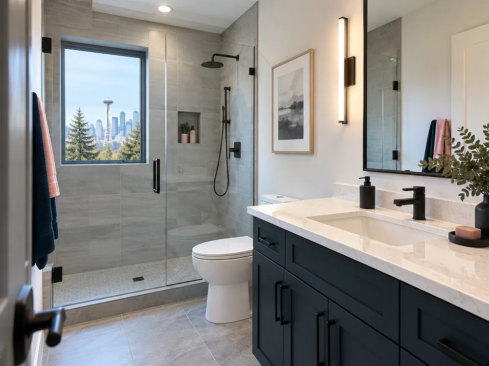 Finished bathroom with porcelain tile floor, quartz vanity top, matte black fixtures, and a placed exhaust fan