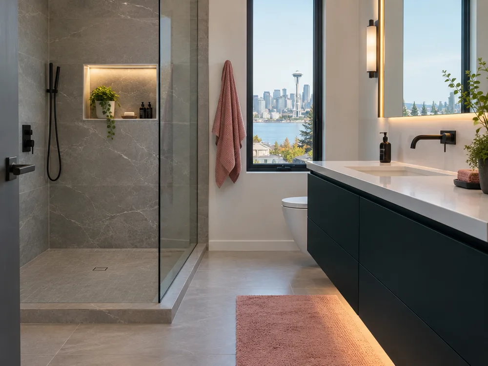 Finished bathroom with a walk-in shower, glass panel, large-format tile, recessed niche, and floating vanity with underlighting