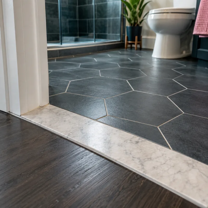Bathroom floor tile with clean grout lines and a finished doorway threshold transition