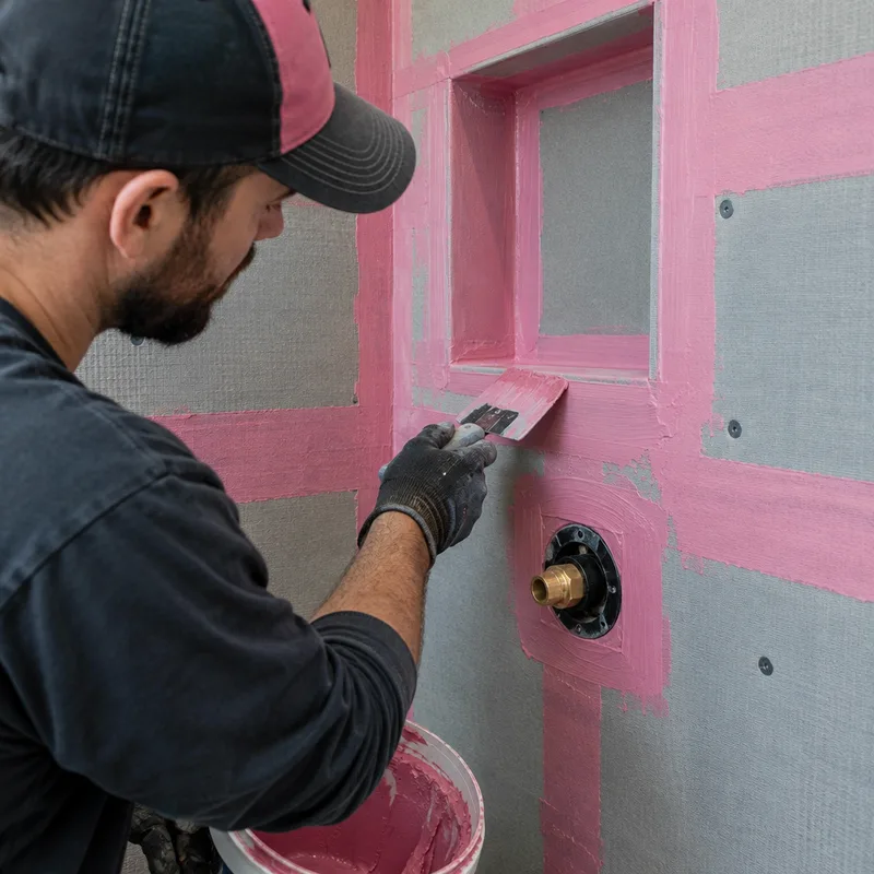 Shower backer board seams waterproofed around a niche and valve opening before tile installation