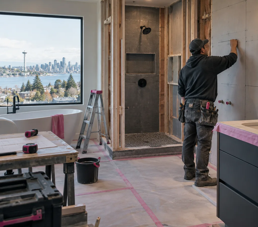 Modern bathroom renovation in progress with new shower framing, covered floors, and a contractor reviewing wall layout marks