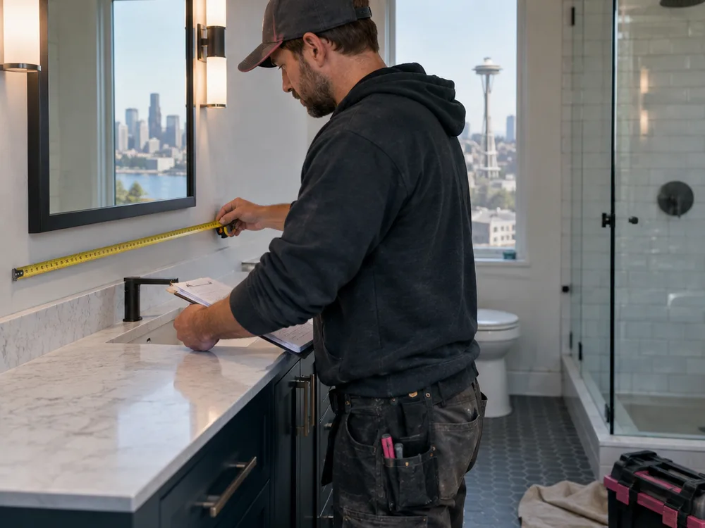 Contractor measuring an existing bathroom at the vanity wall and noting fixture locations for a renovation
