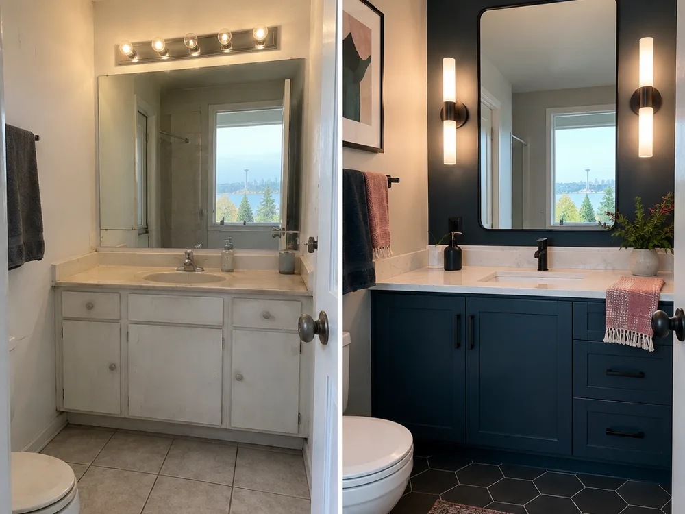 Updated bathroom vanity wall with modern lighting, mirror, and upgraded ventilation grille