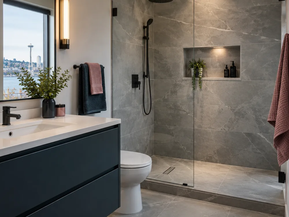 Finished bathroom with a walk-in shower, large-format wall tile, glass panel, and recessed niche