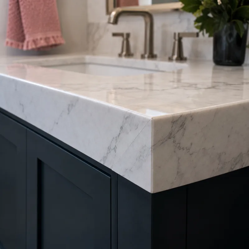 Close-up of a mitered edge detail on a bathroom countertop creating a thicker profile