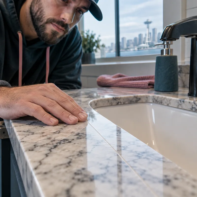 Close-up of a countertop seam aligned near a sink cutout and polished to blend with the surface pattern