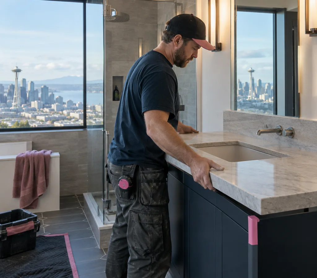 Contractor dry-fitting a stone vanity countertop in a Seattle bathroom with the sink cutout visible and clean modern finishes