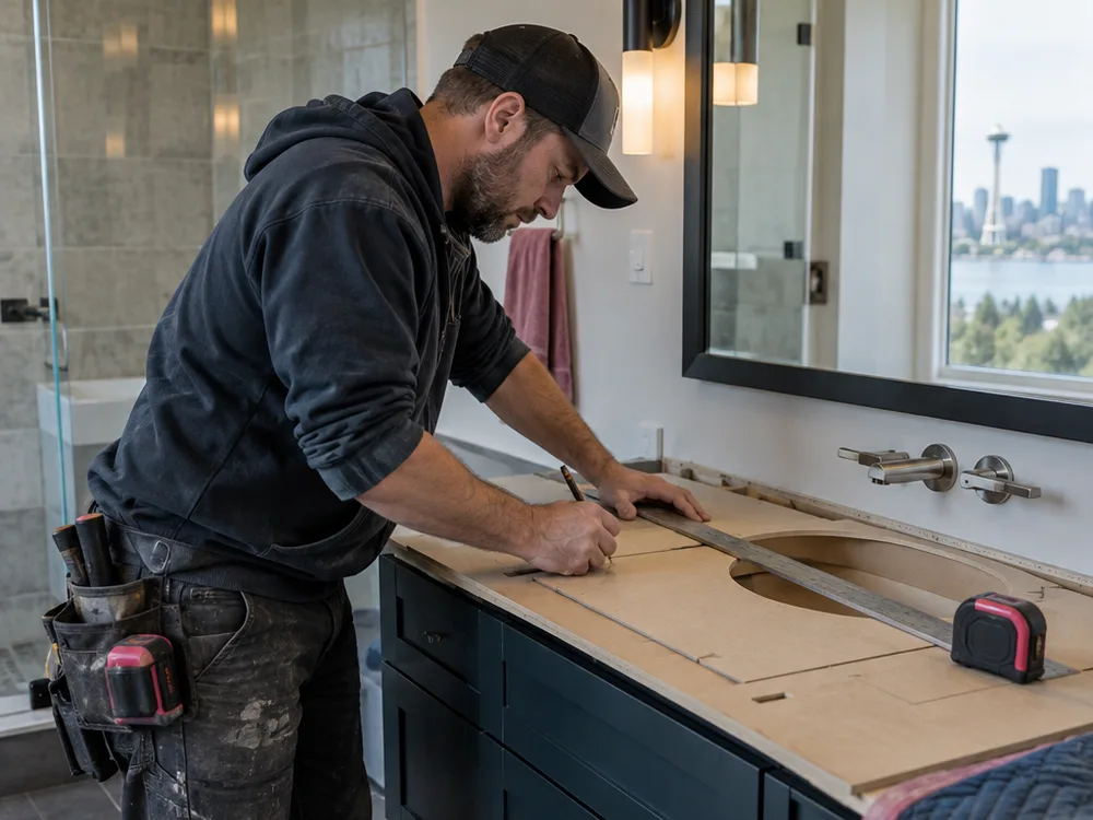 Contractor using a template and measuring tools on a vanity cabinet before fabricating a bathroom countertop