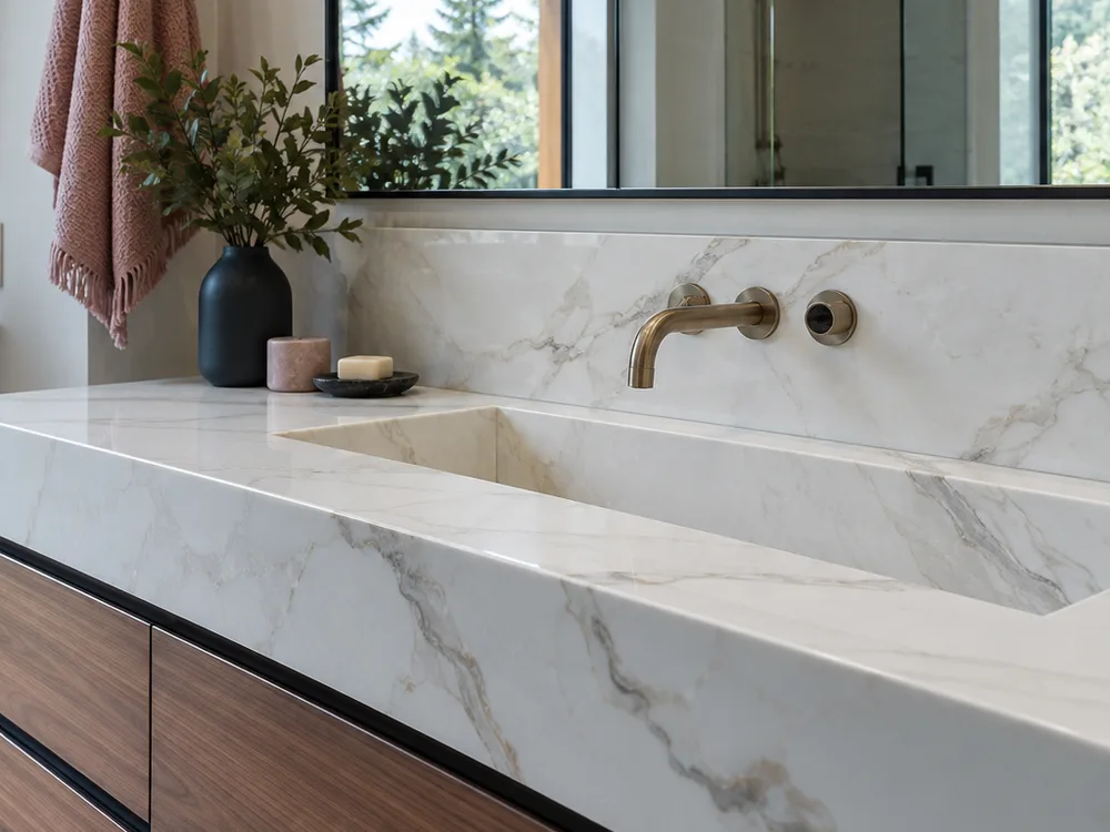Porcelain slab-style bathroom countertop with integrated backsplash and wall-mounted faucet rough-in visible