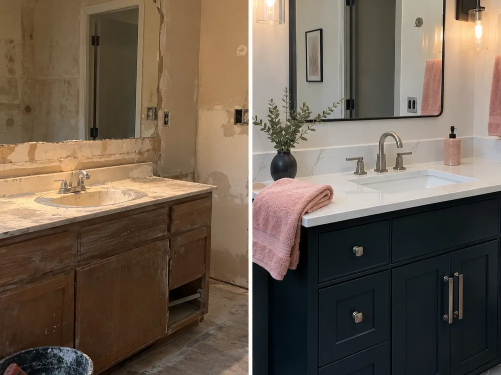 Finished Seattle bathroom vanity with quartz countertop, undermount sink, and short matching backsplash strip