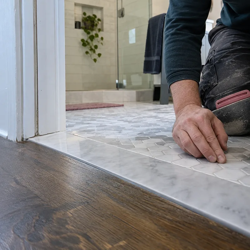Bathroom floor tile transition at a doorway with a clean threshold and aligned grout lines