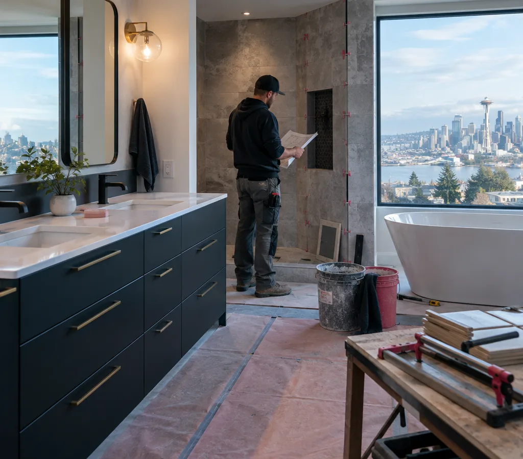 Modern bathroom remodel in progress with a new vanity, tile work underway, and a contractor reviewing the shower layout