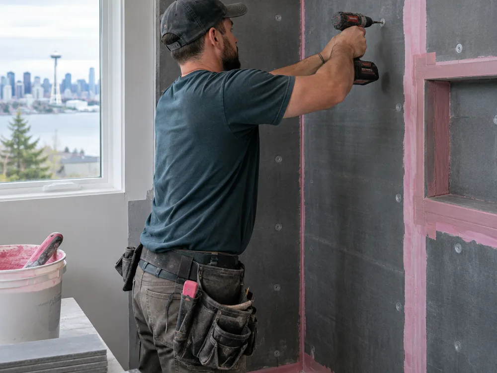 Contractor installing shower board with fasteners and seam treatment during a bathroom remodel