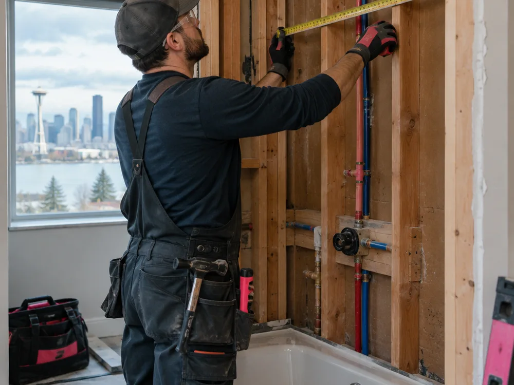 Contractor measuring a bathroom alcove and checking studs and plumbing rough-in lines before waterproofing