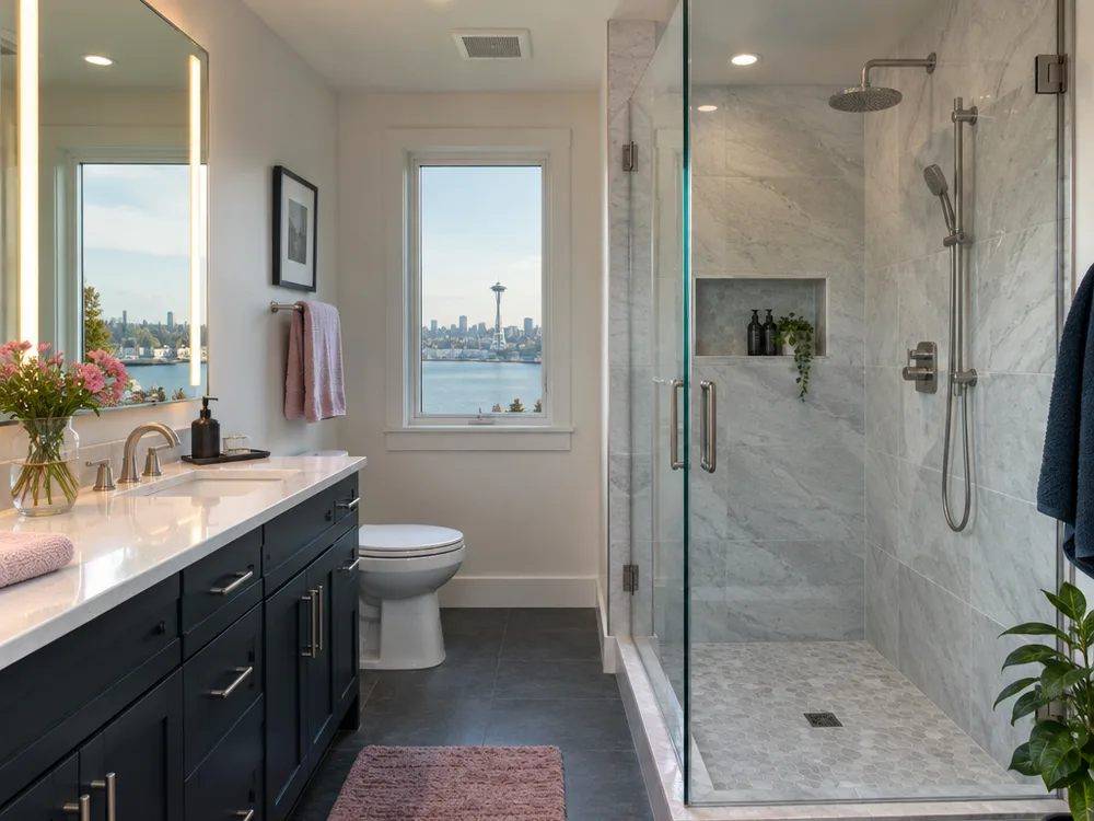 Finished bathroom with a tiled shower, glass enclosure, storage vanity, and layered mirror and ceiling lighting